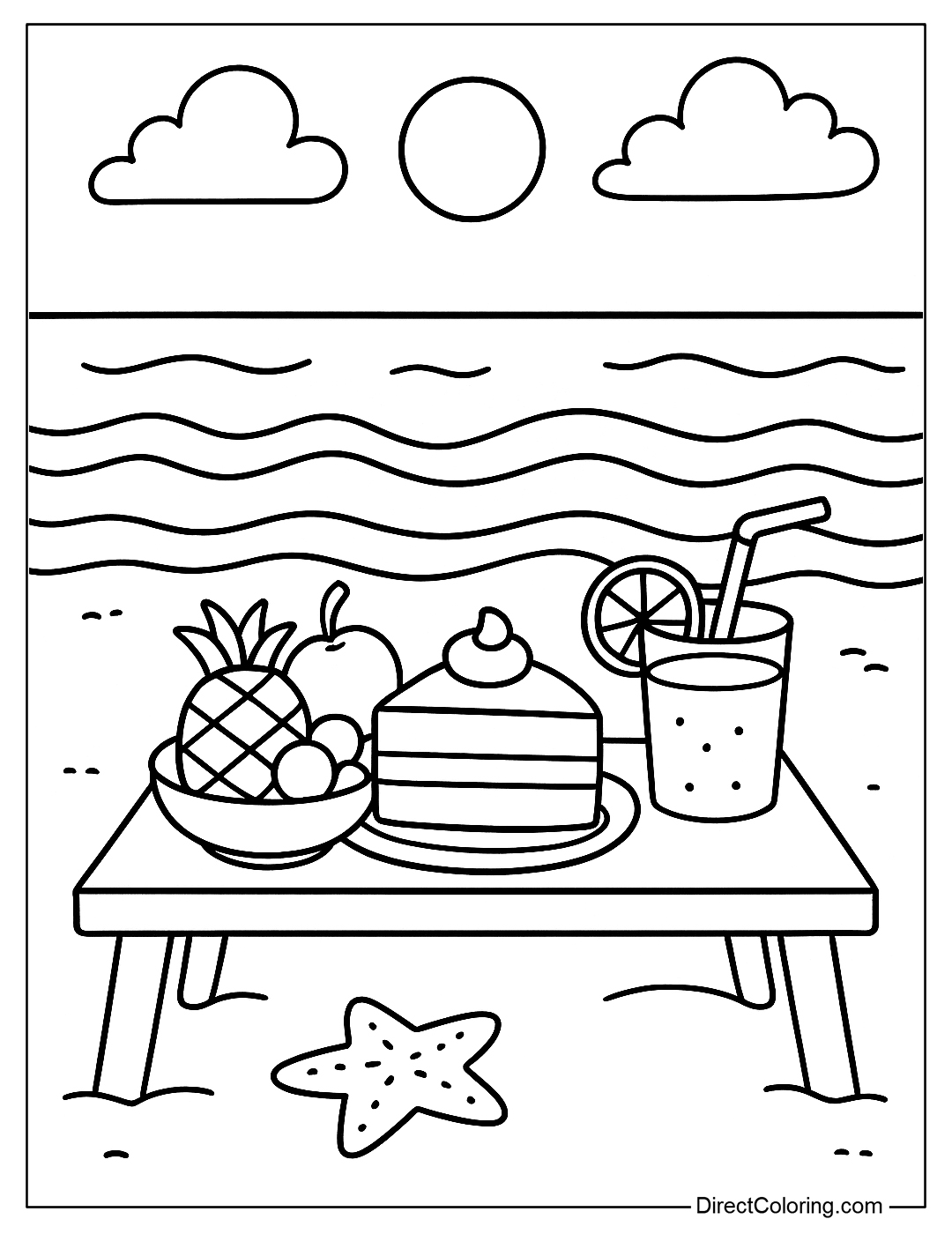 a beach coloring page with a small table on the sand with cookies, fruit and a glass of cool water.